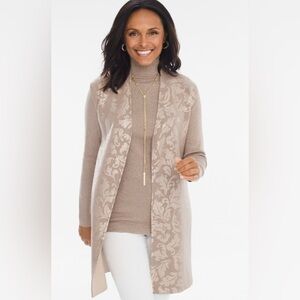 CHICO’S Taupe with silver paisley print sleeveless reversible duster size S